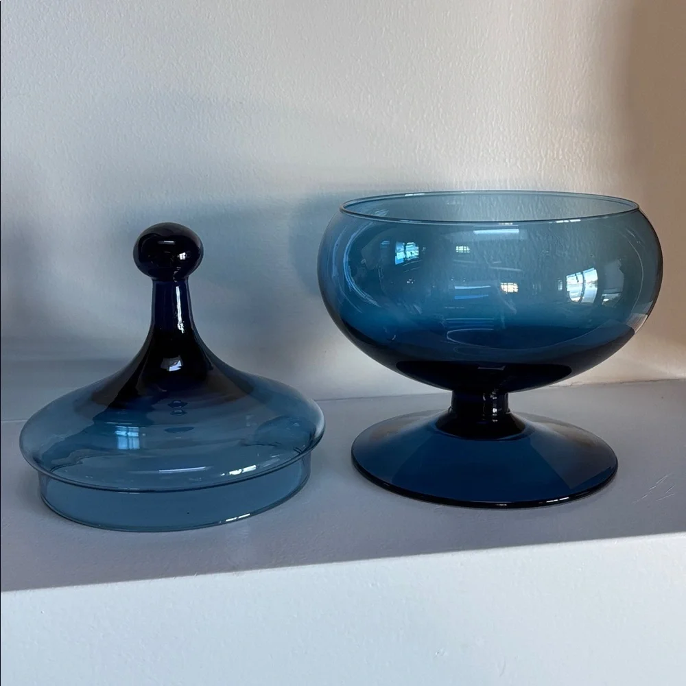 Vintage Cobalt Blue Italian Empoli Apothecary Jar Circus Tent Lid Footed Base